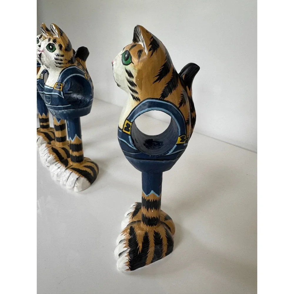 Vintage Hand Painted Wooden Cat Napkin Rings Set of 8 Tabby Overalls Folk Art